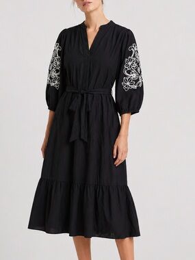 Draper James Black Midi Dress with White Floral Sleeve Embroidery